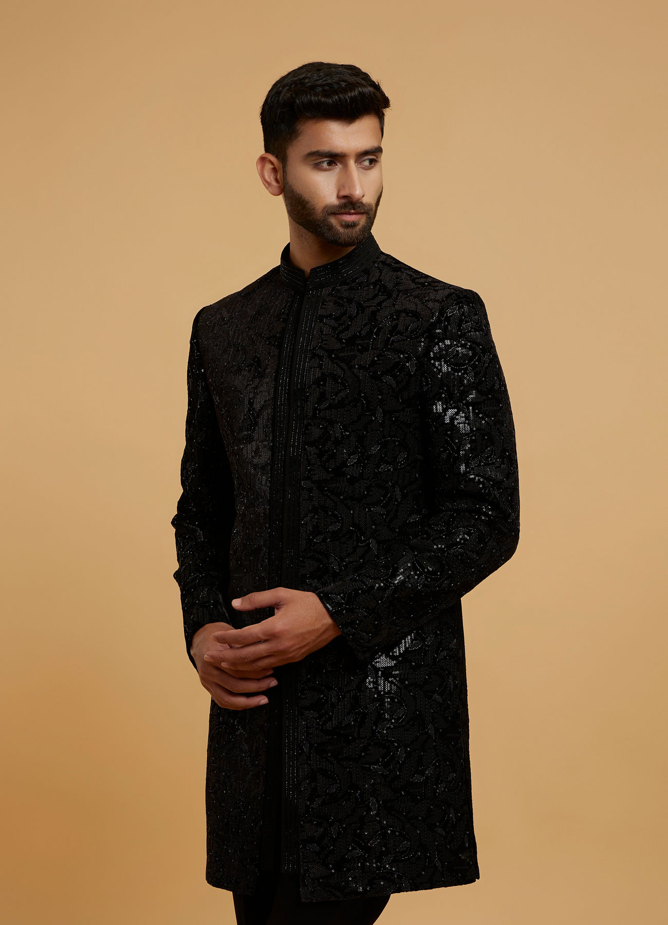 Twamev Men Black Velvet Sequin Floral Embroidered Indo Western Set