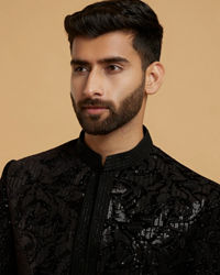 Twamev Men Black Velvet Sequin Floral Embroidered Indo Western Set