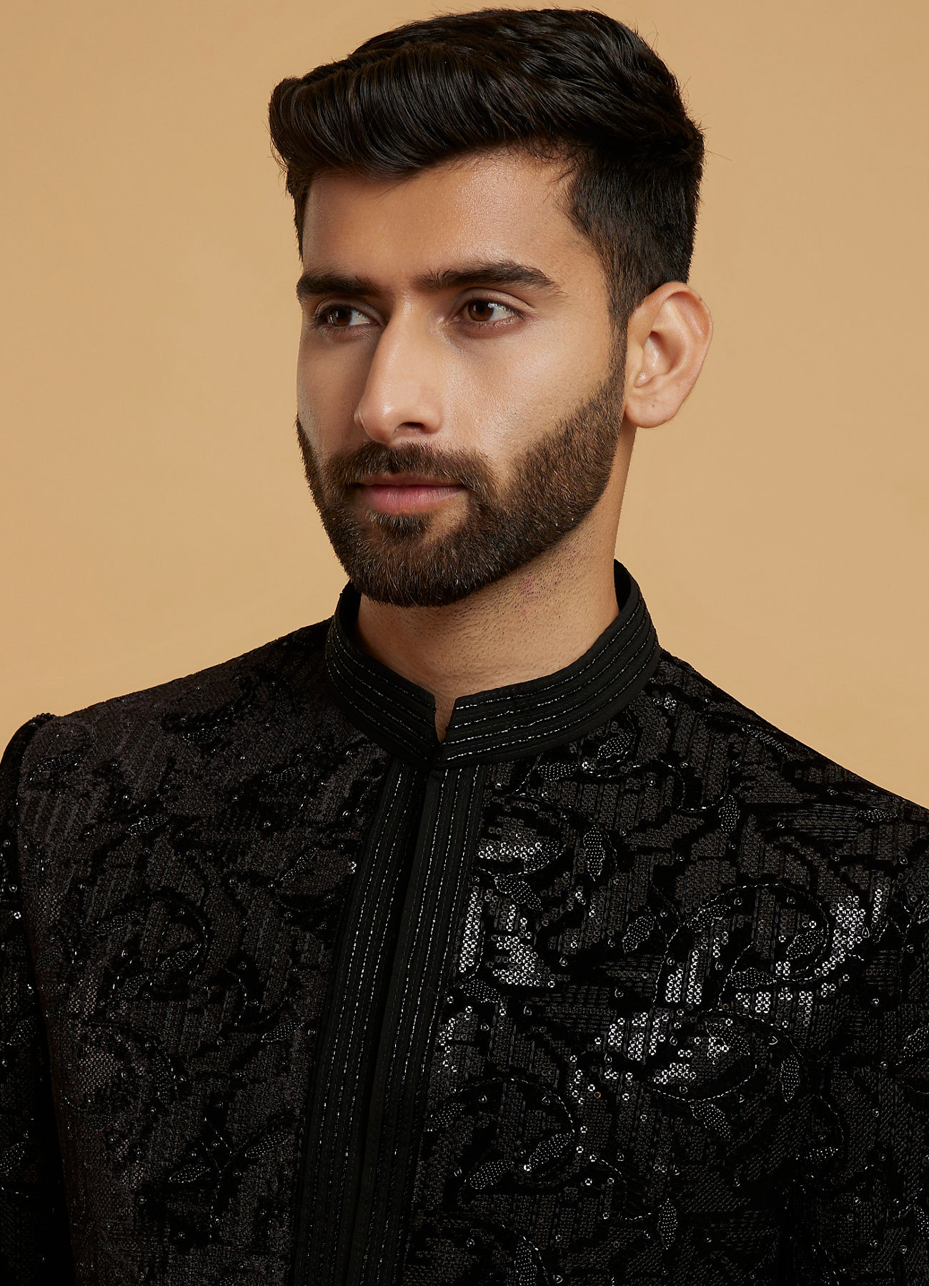 Twamev Men Black Velvet Sequin Floral Embroidered Indo Western Set