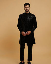 Twamev Men Black Velvet Sequin Floral Embroidered Indo Western Set