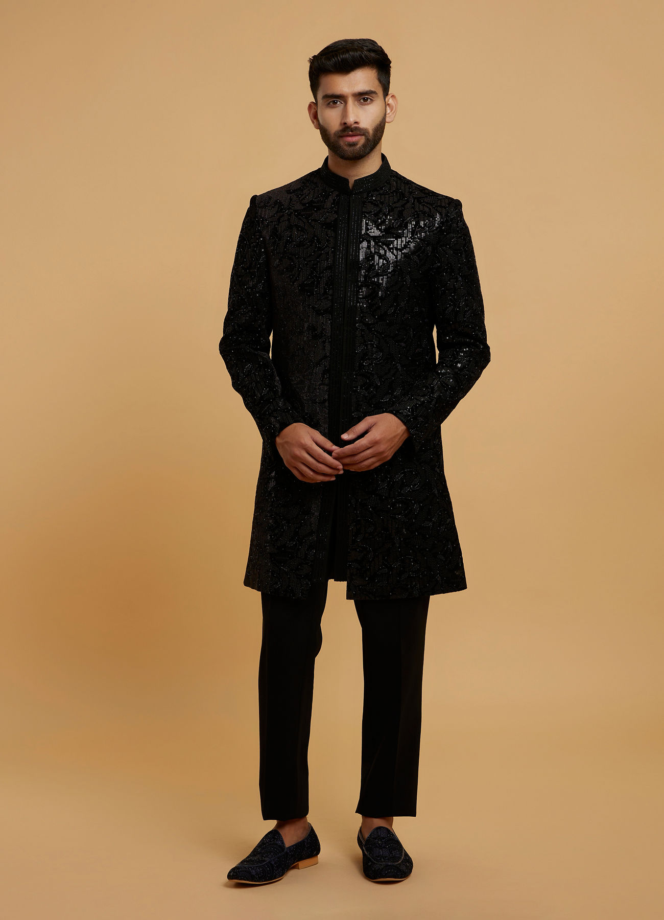 Twamev Men Black Velvet Sequin Floral Embroidered Indo Western Set