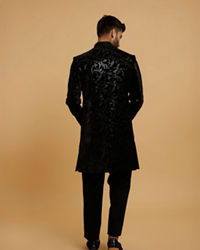 Twamev Men Black Velvet Sequin Floral Embroidered Indo Western Set