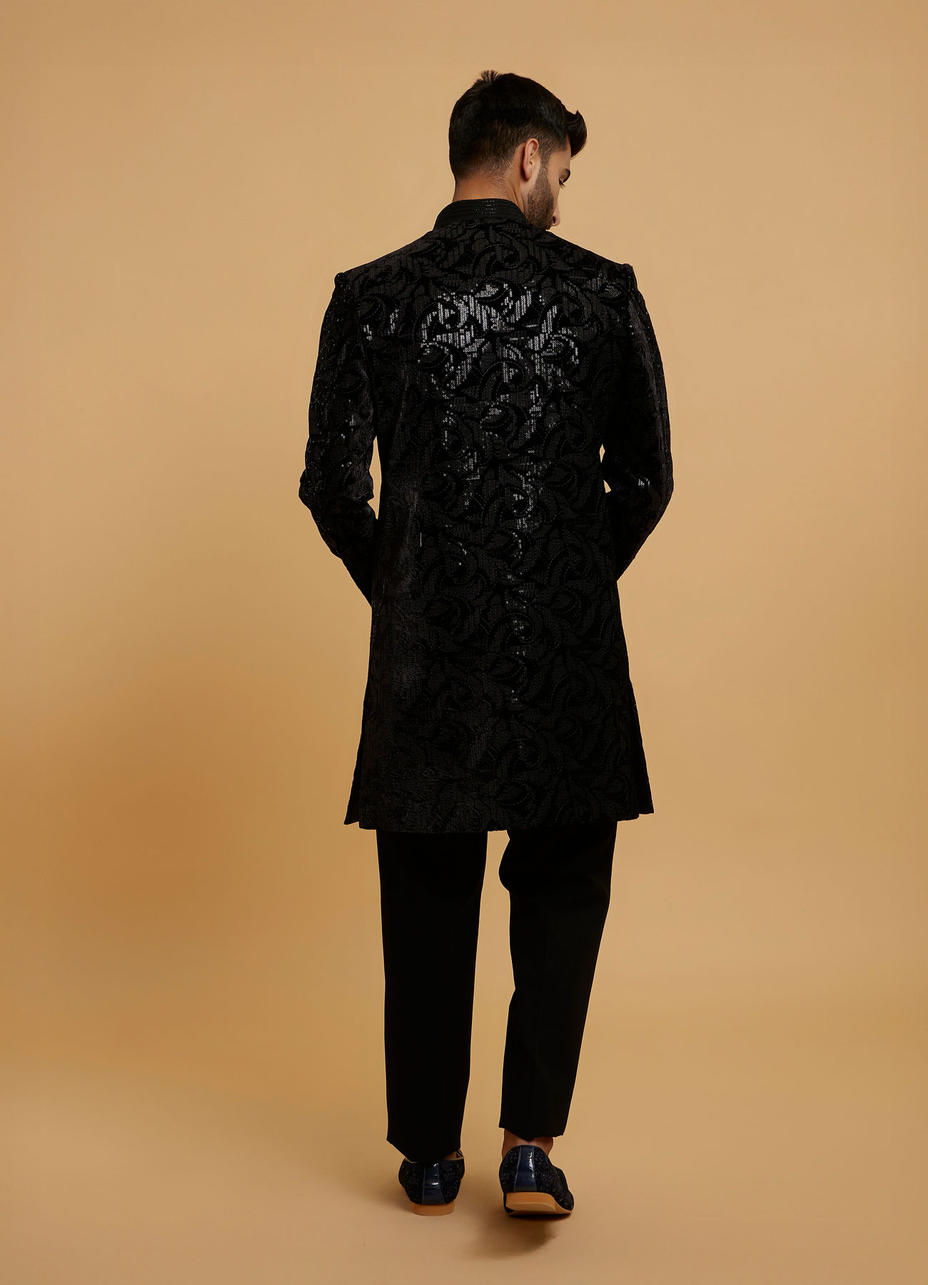 Twamev Men Black Velvet Sequin Floral Embroidered Indo Western Set