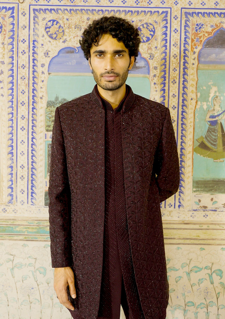 Twamev Men Wine Silk Indo Western Set