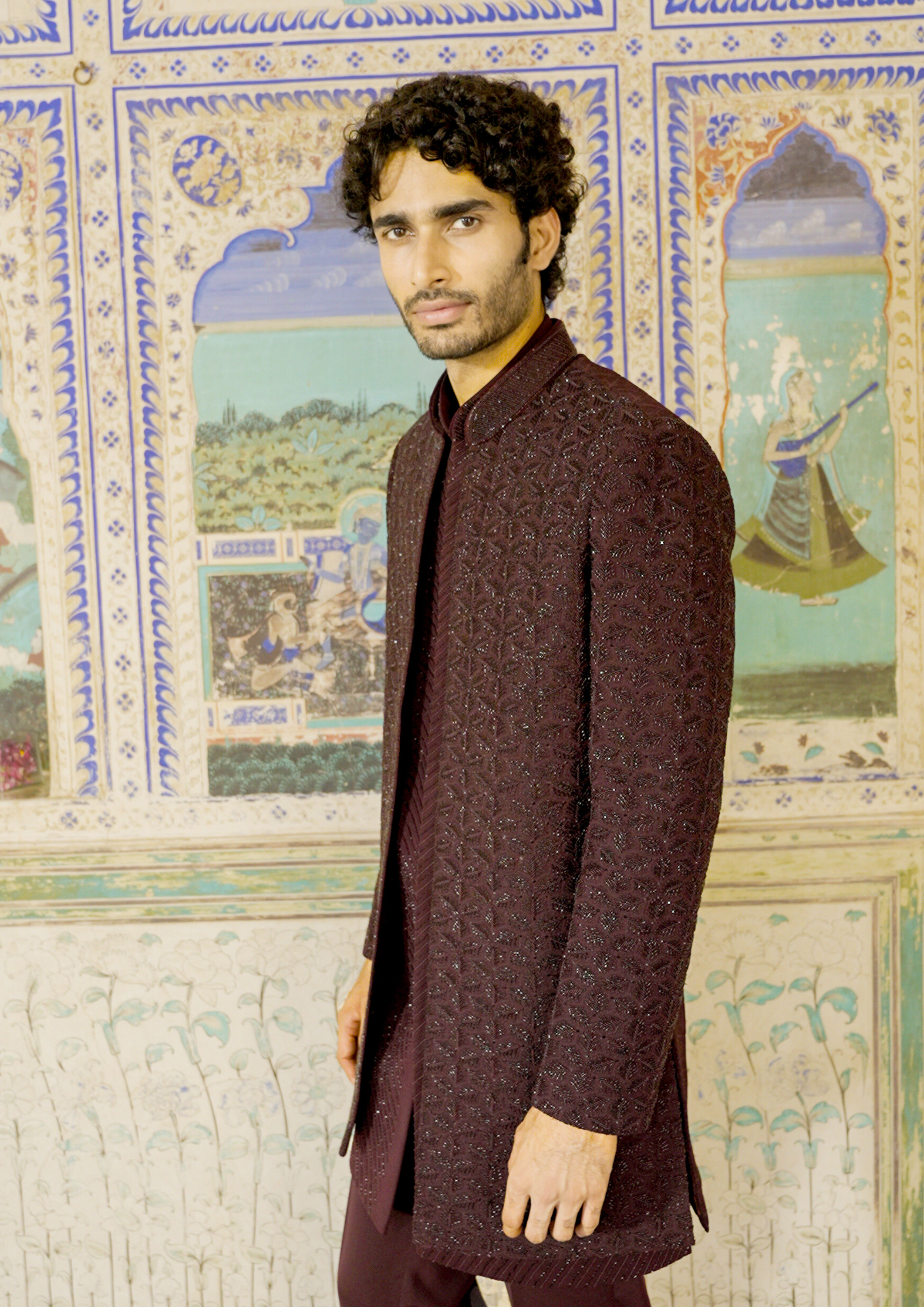 Twamev Men Wine Silk Indo Western Set