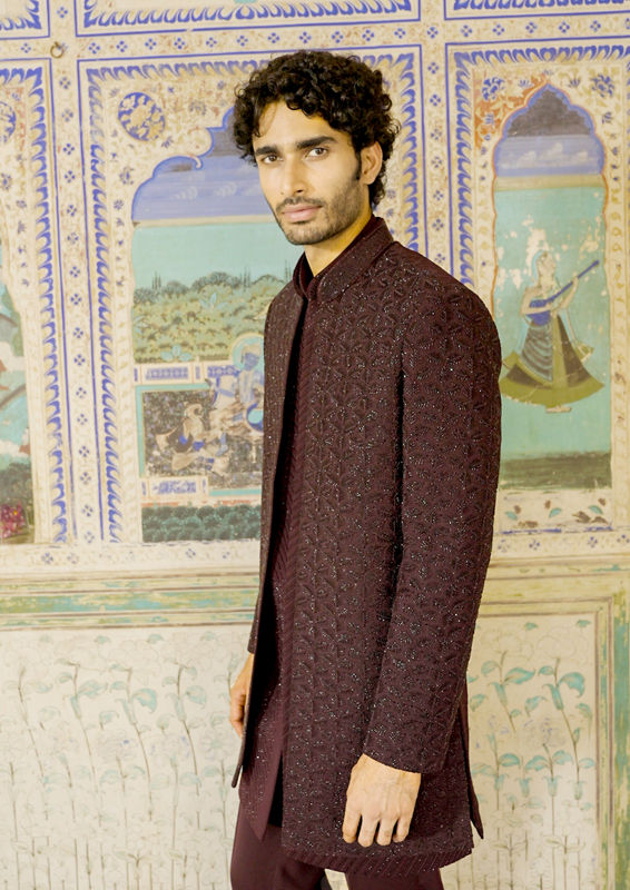 Twamev Men Wine Silk Indo Western Set