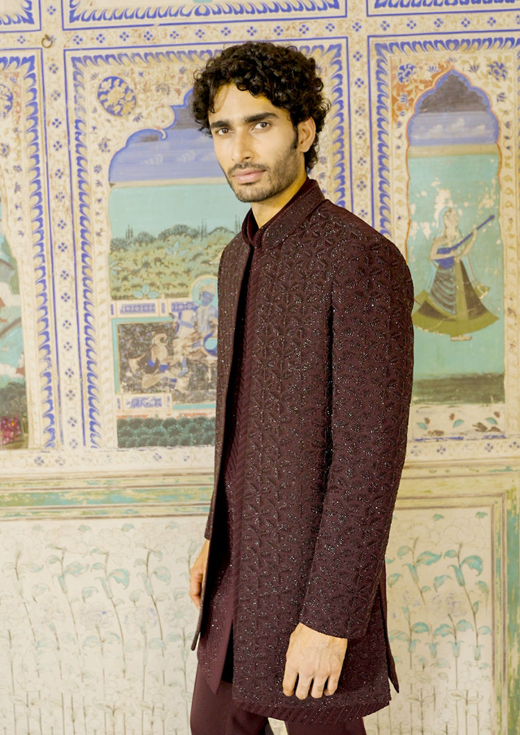 Twamev Men Wine Silk Indo Western Set