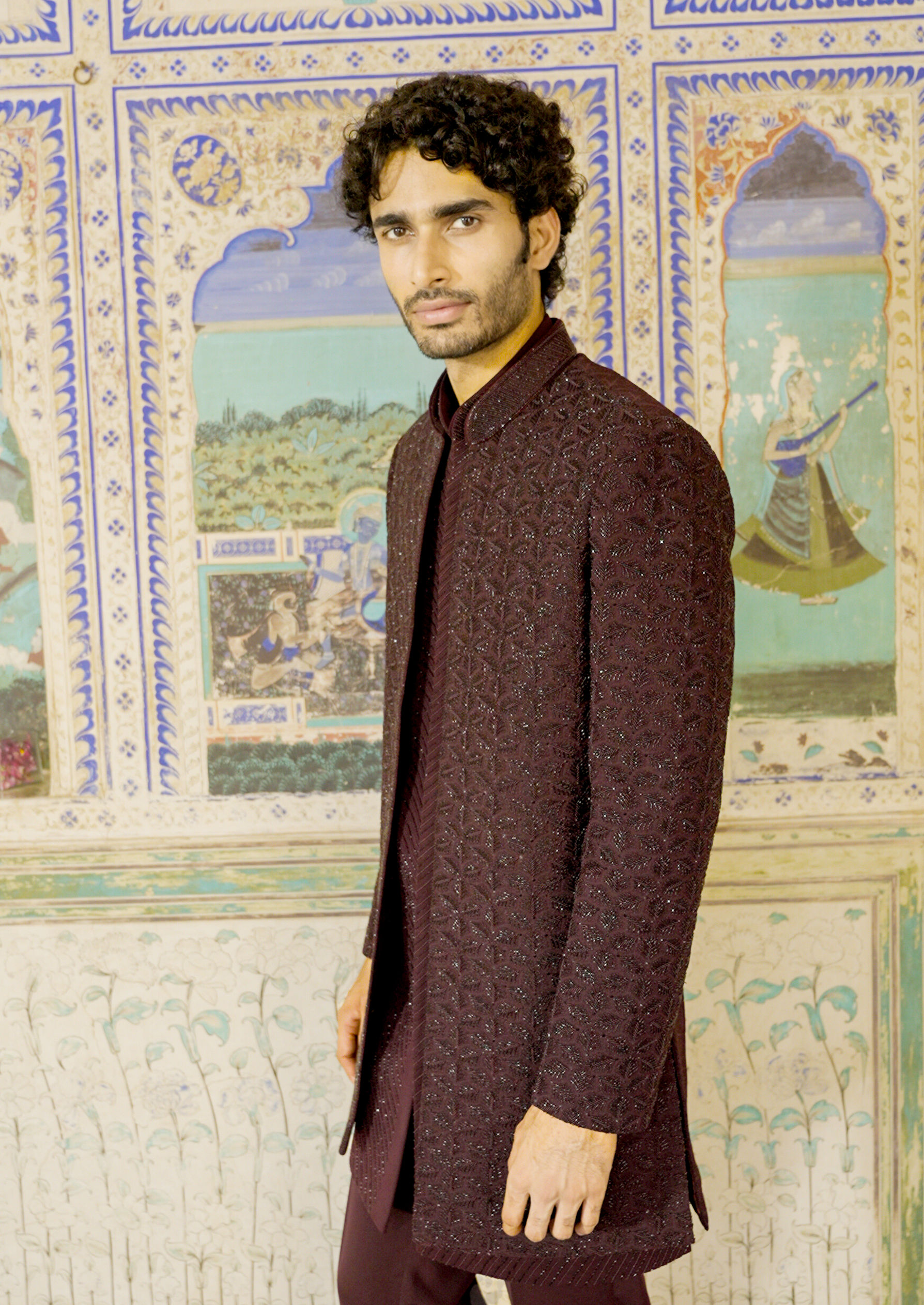 Twamev Men Wine Silk Indo Western Set