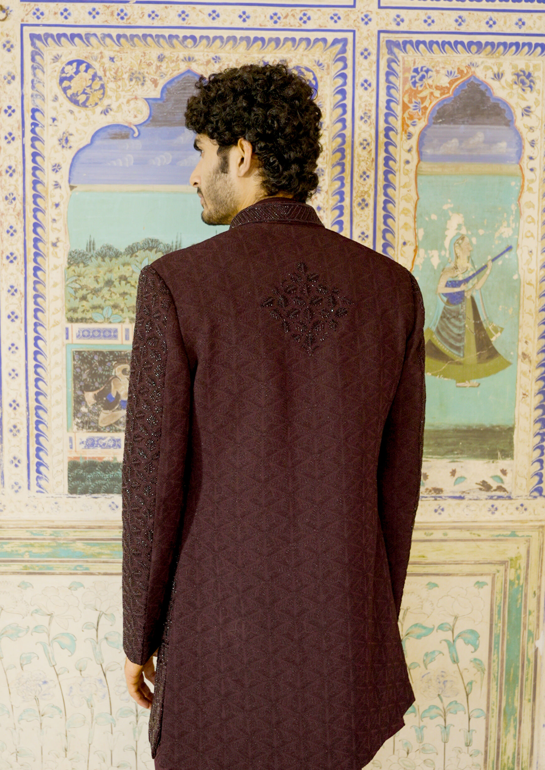 Twamev Men Wine Silk Indo Western Set
