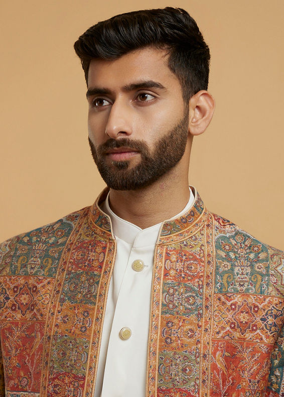 Twamev Men Cream Pashmina Silk Multicolour Woven Indo Western Set
