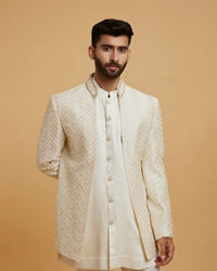 Twamev Men Cream Zari Embellished Self-Woven Chevron Pattern Indo Western Set
