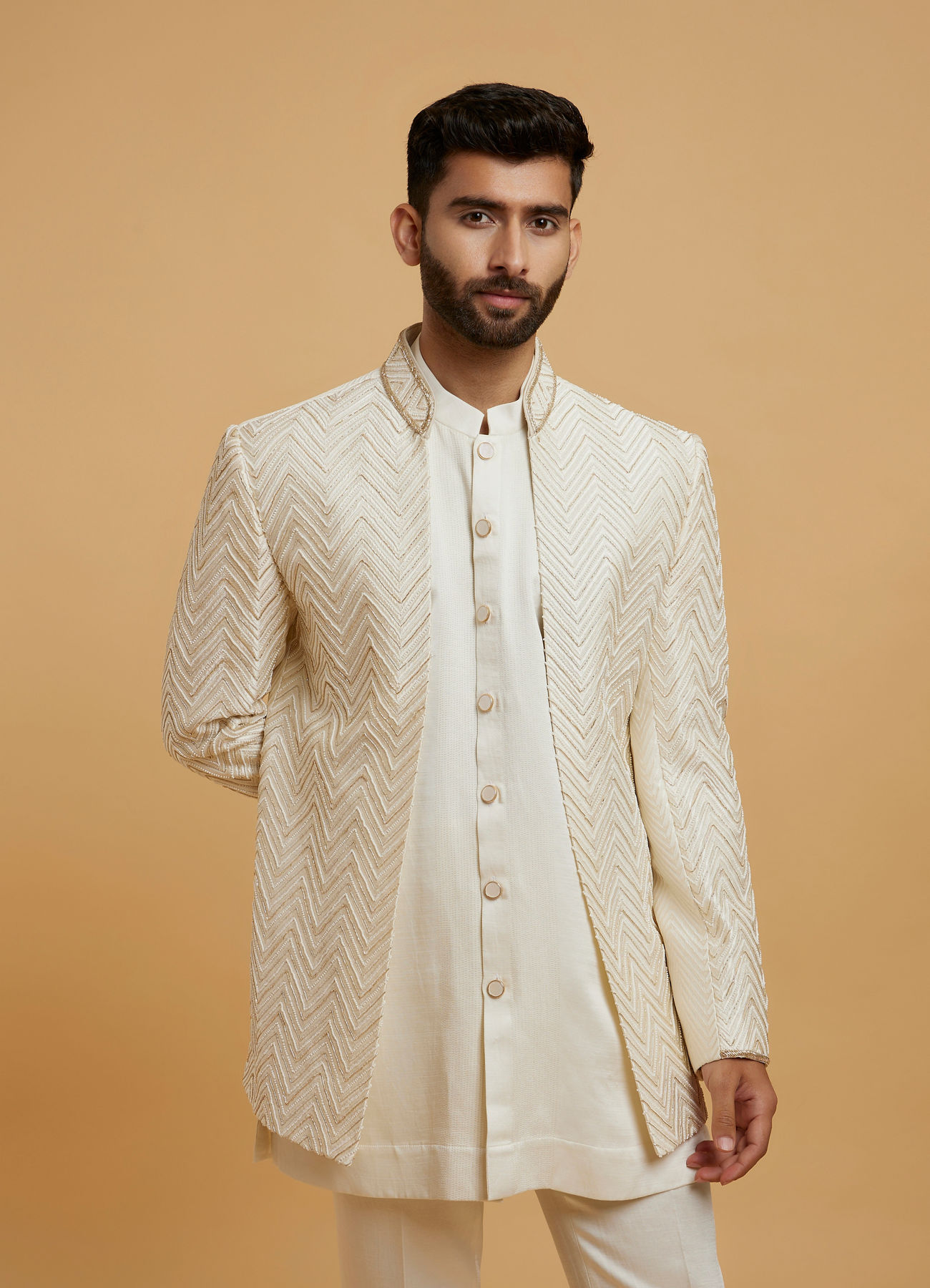 Twamev Men Cream Zari Embellished Self-Woven Chevron Pattern Indo Western Set