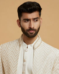 Twamev Men Cream Zari Embellished Self-Woven Chevron Pattern Indo Western Set