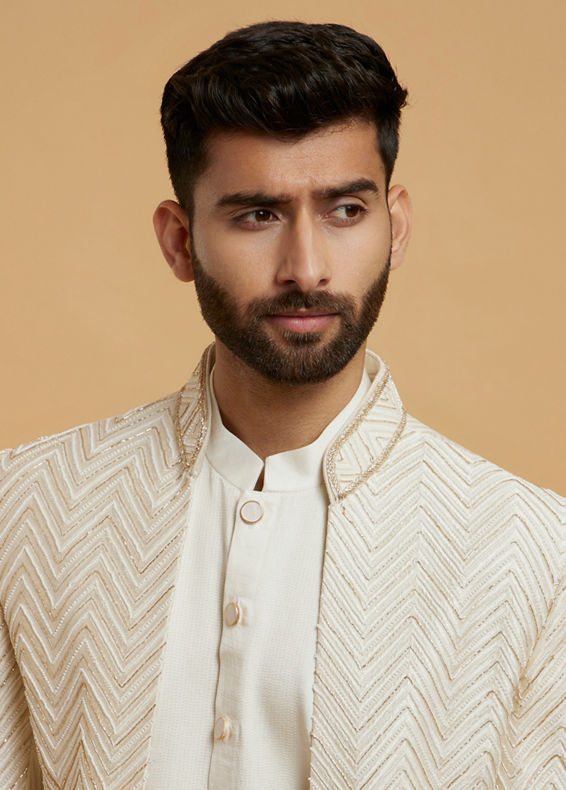 Twamev Men Cream Zari Embellished Self-Woven Chevron Pattern Indo Western Set