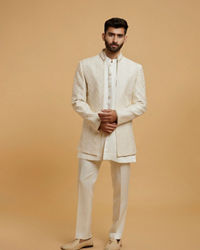 Twamev Men Cream Zari Embellished Self-Woven Chevron Pattern Indo Western Set