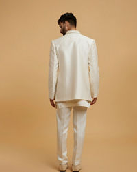 Twamev Men Cream Zari Embellished Self-Woven Chevron Pattern Indo Western Set