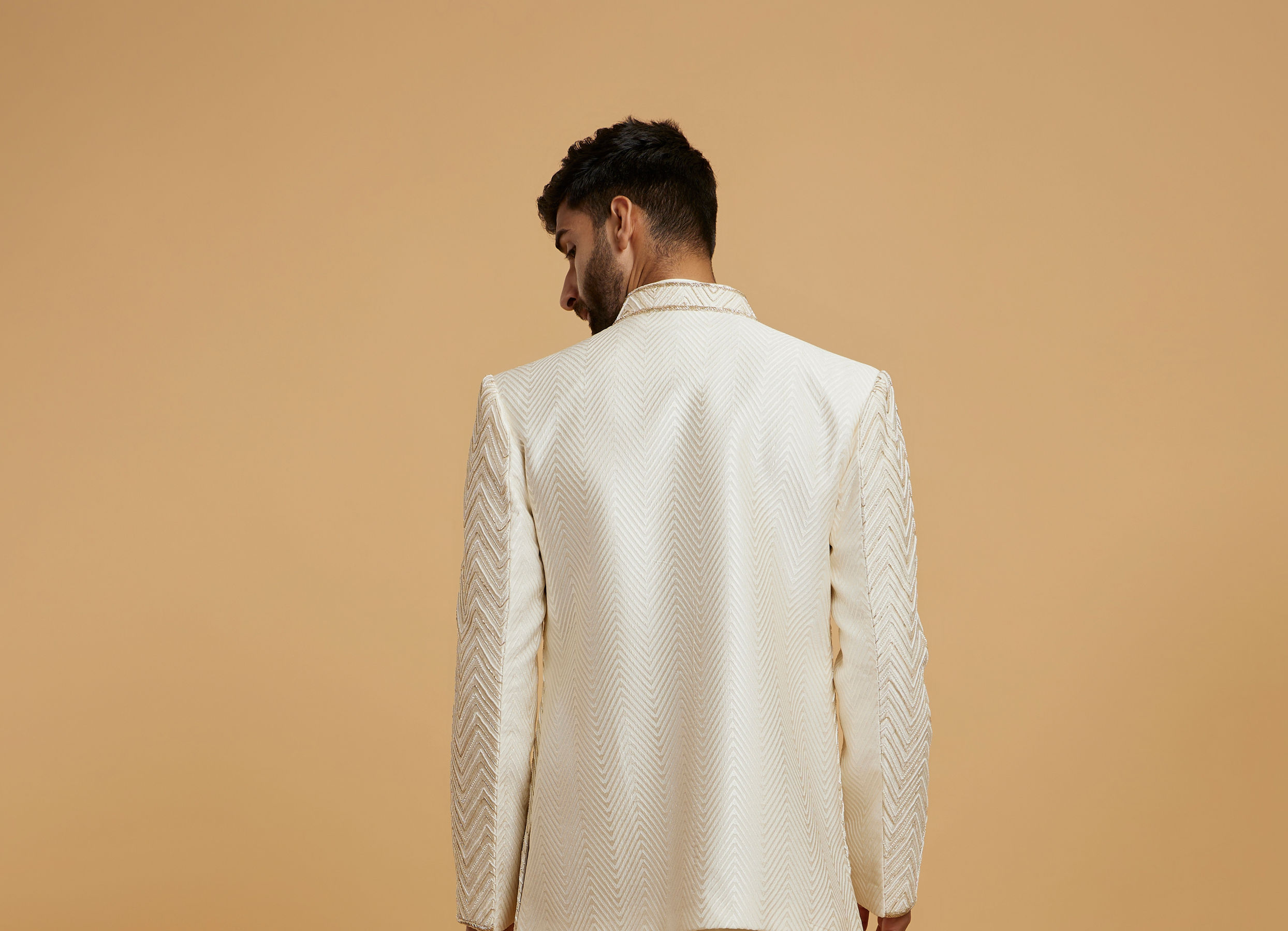 Twamev Men Cream Zari Embellished Self-Woven Chevron Pattern Indo Western Set