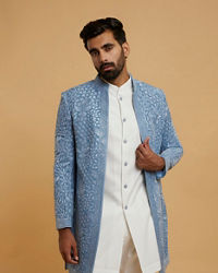 Twamev Men Elegant Light Blue Velvet Indo Western