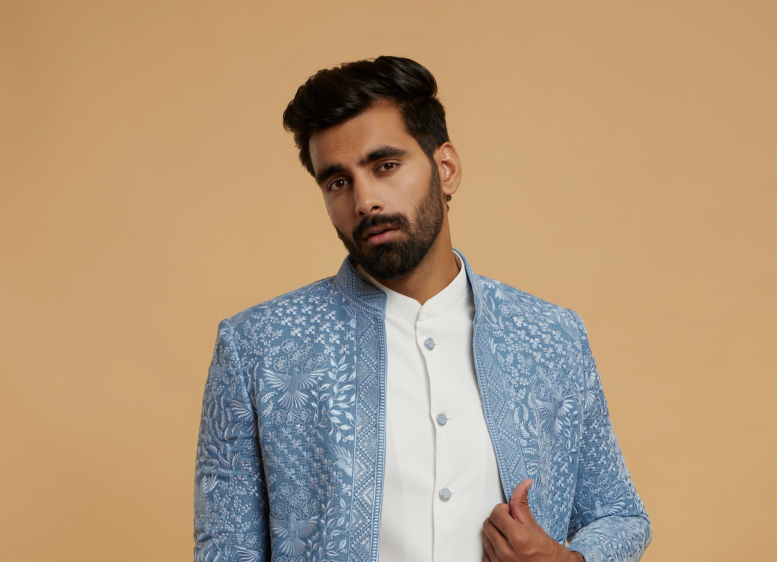 Twamev Men Elegant Light Blue Velvet Indo Western