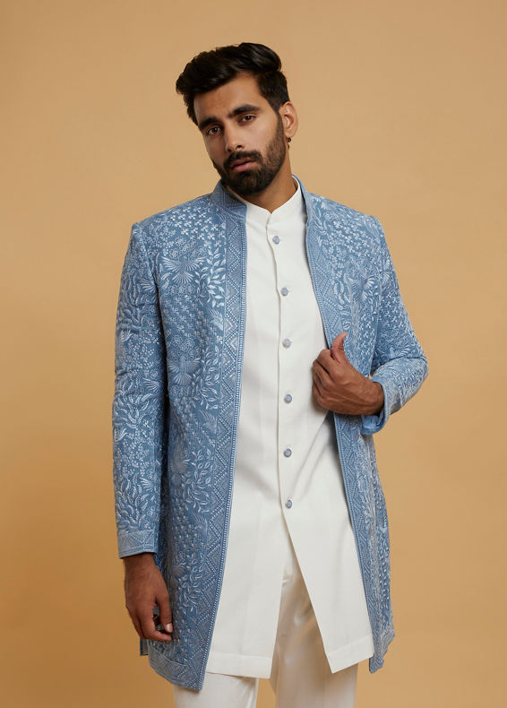 Twamev Men Elegant Light Blue Velvet Indo Western