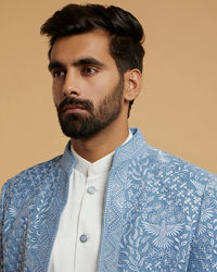 Twamev Men Elegant Light Blue Velvet Indo Western