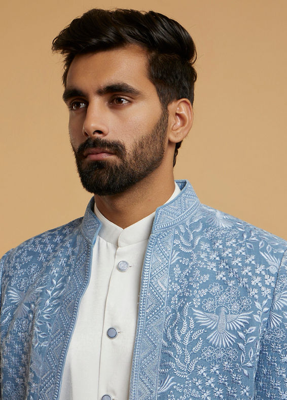 Twamev Men Elegant Light Blue Velvet Indo Western