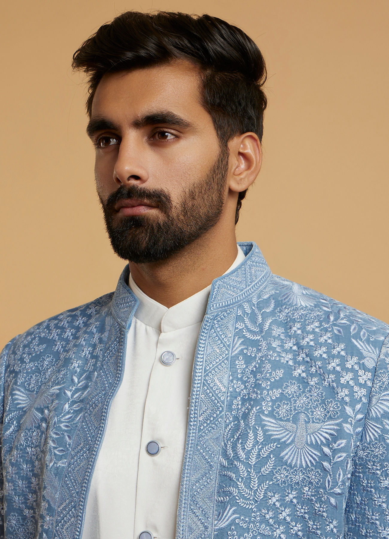 Twamev Men Elegant Light Blue Velvet Indo Western