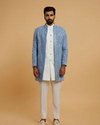 Twamev Men Elegant Light Blue Velvet Indo Western