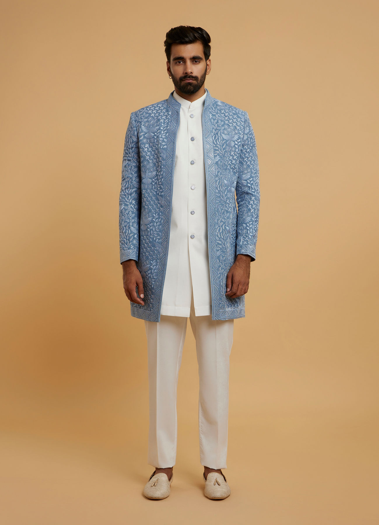 Twamev Men Elegant Light Blue Velvet Indo Western