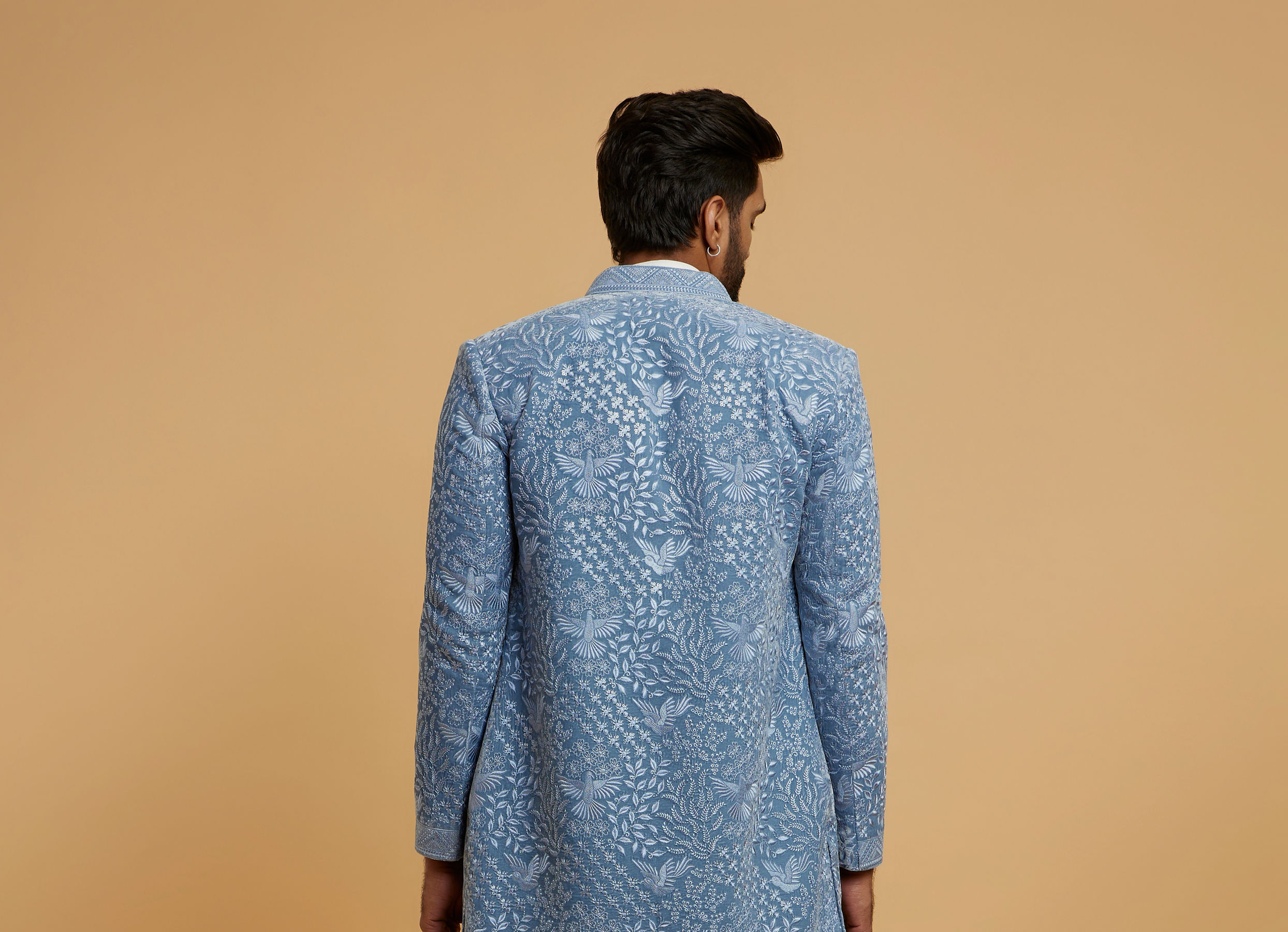 Twamev Men Elegant Light Blue Velvet Indo Western