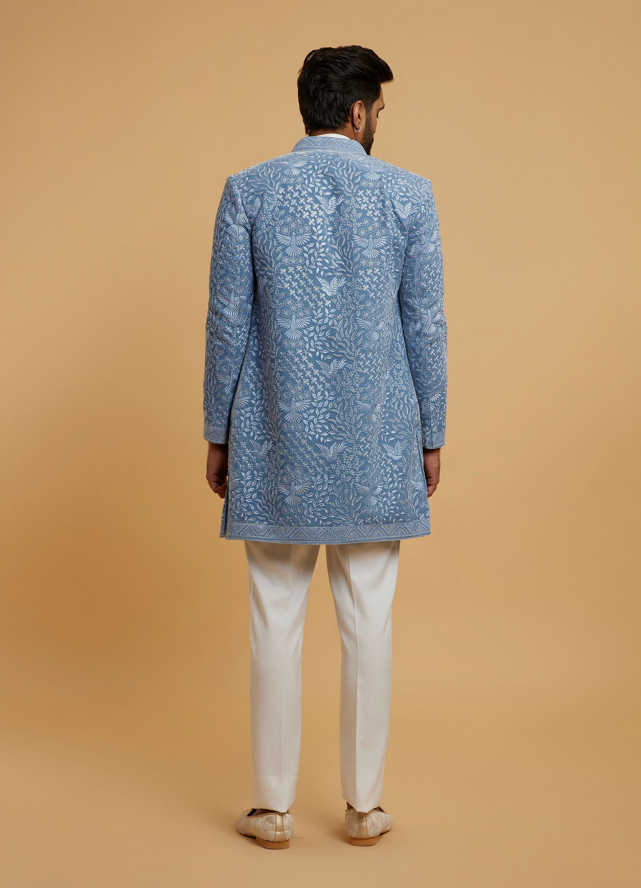 Twamev Men Elegant Light Blue Velvet Indo Western
