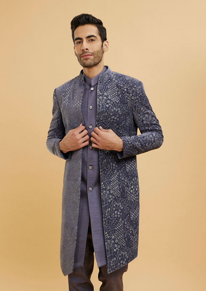 Twamev Men Grey Velvet Intrigue Indo Western