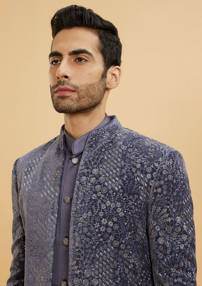 Twamev Men Grey Velvet Intrigue Indo Western