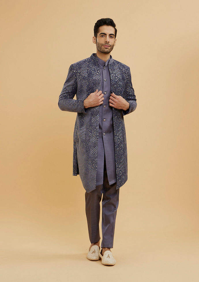 Twamev Men Grey Velvet Intrigue Indo Western