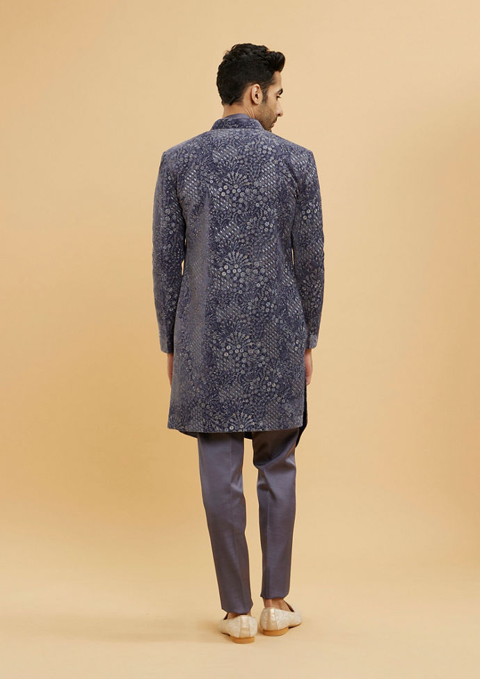 Twamev Men Grey Velvet Intrigue Indo Western