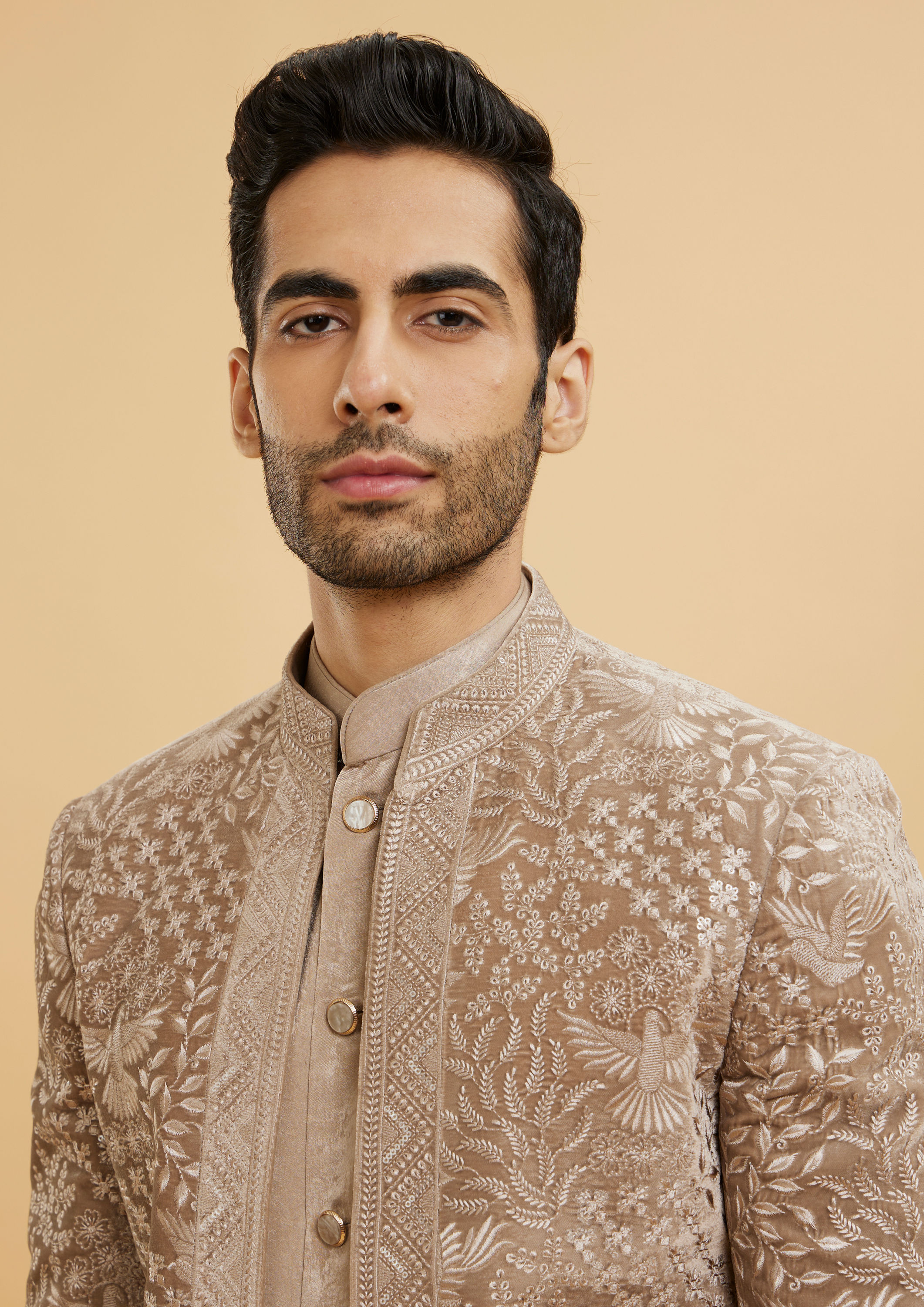 Twamev Men Fawn Floral Embroidered Indo Western Set with Bagh Motifs