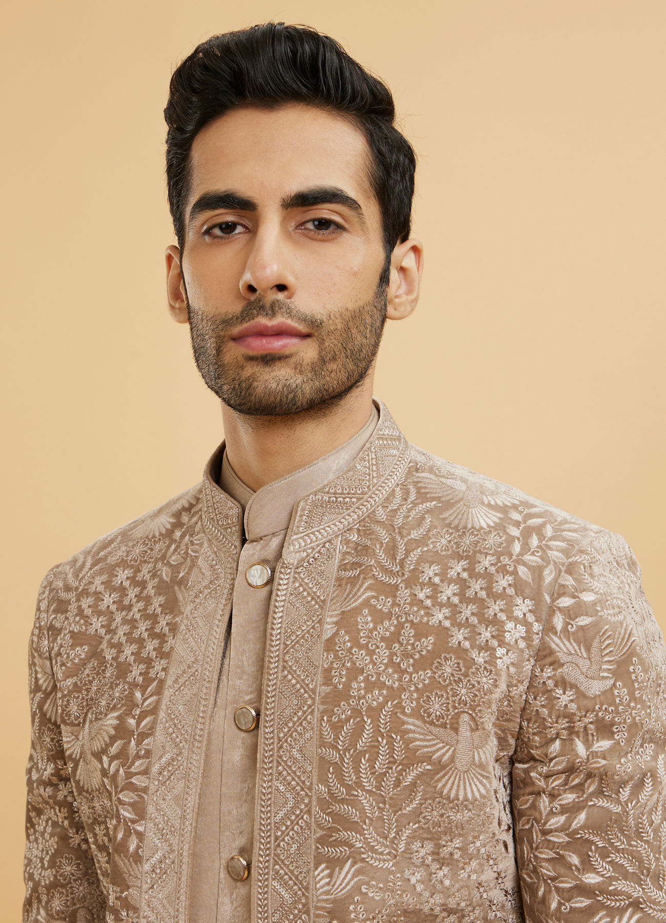 Twamev Men Fawn Floral Embroidered Indo Western Set with Bagh Motifs