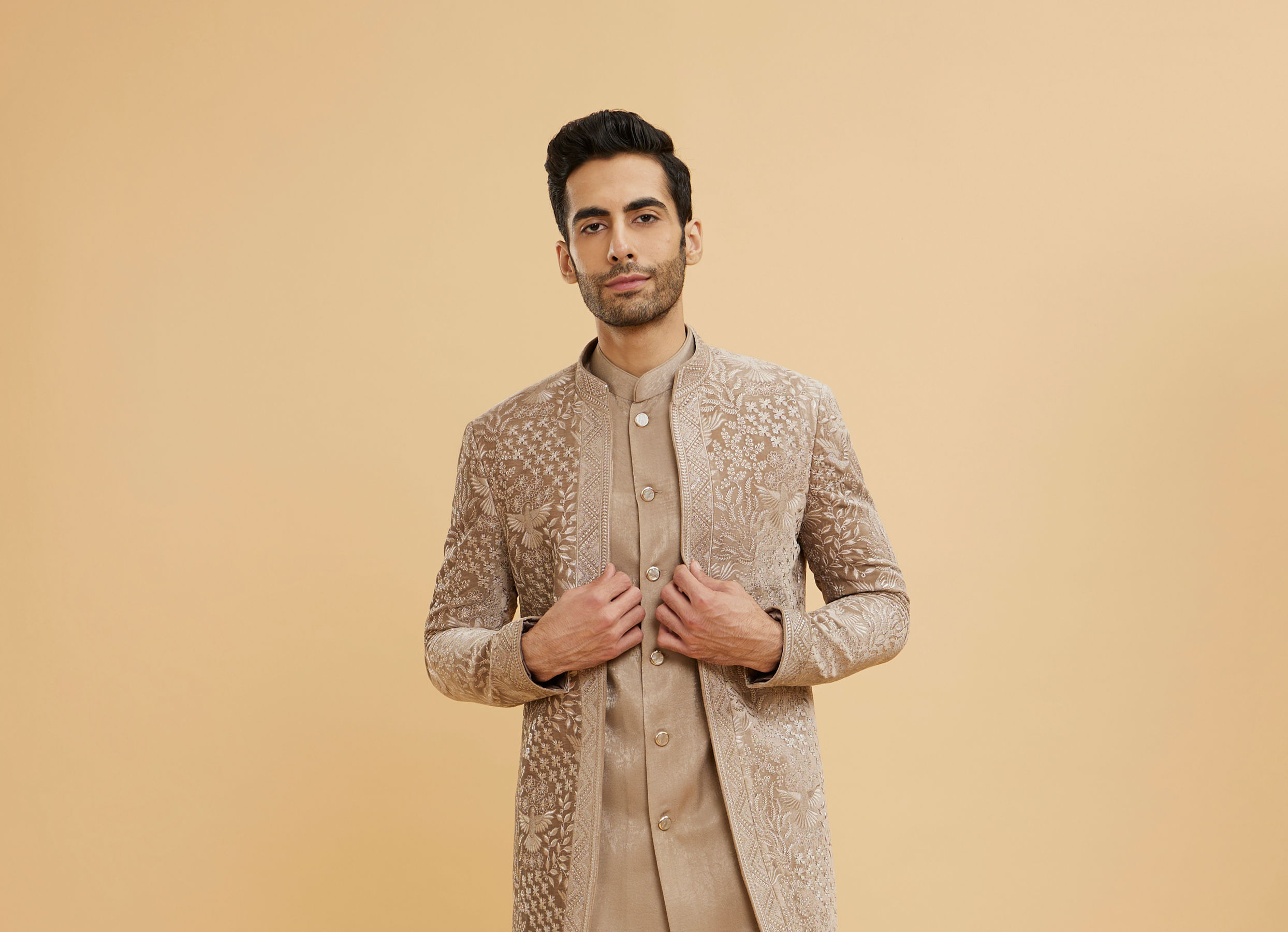 Twamev Men Fawn Floral Embroidered Indo Western Set with Bagh Motifs