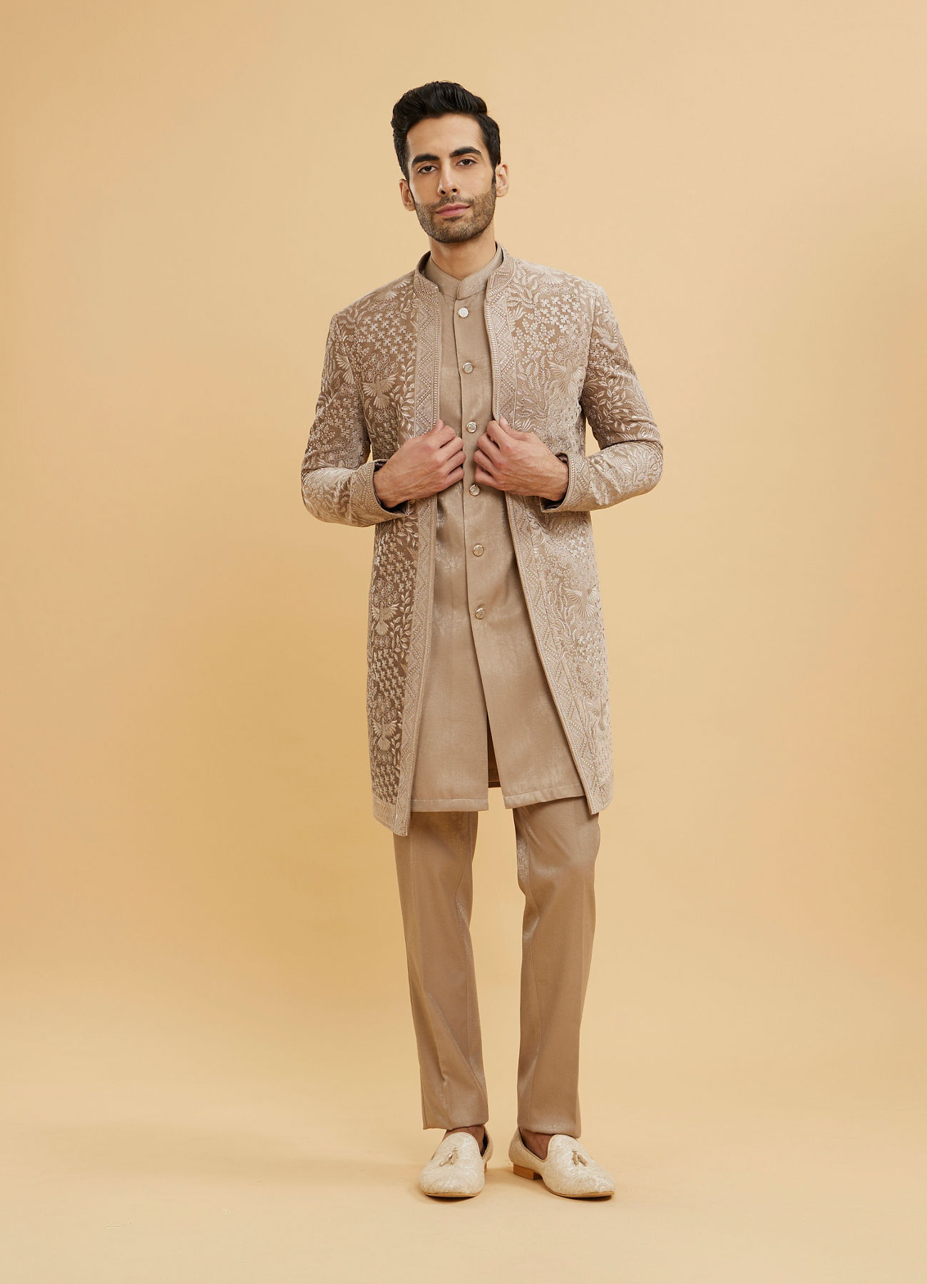 Twamev Men Fawn Floral Embroidered Indo Western Set with Bagh Motifs