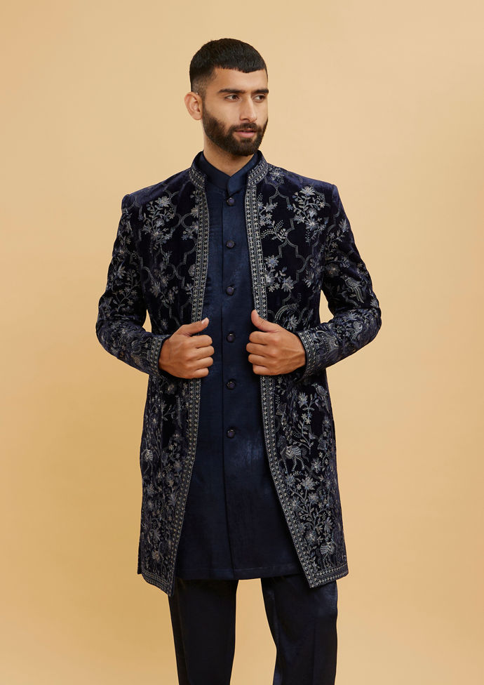 Twamev Men Navy Blue Trellis Patterned Floral Embroidered Indo Western Set