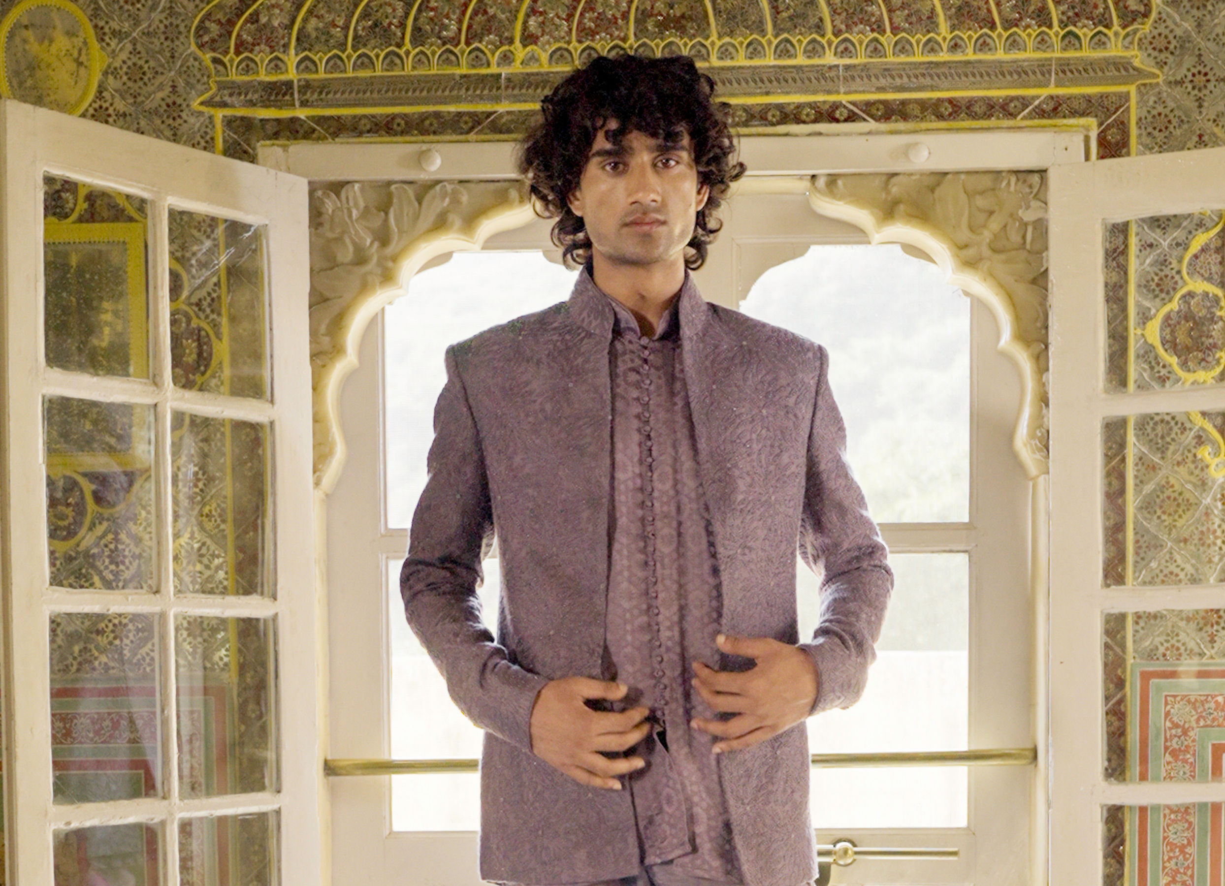 Twamev Men Dewberry Purple Jaal Embroidered Indo Western Set with Potli Trim Buttons