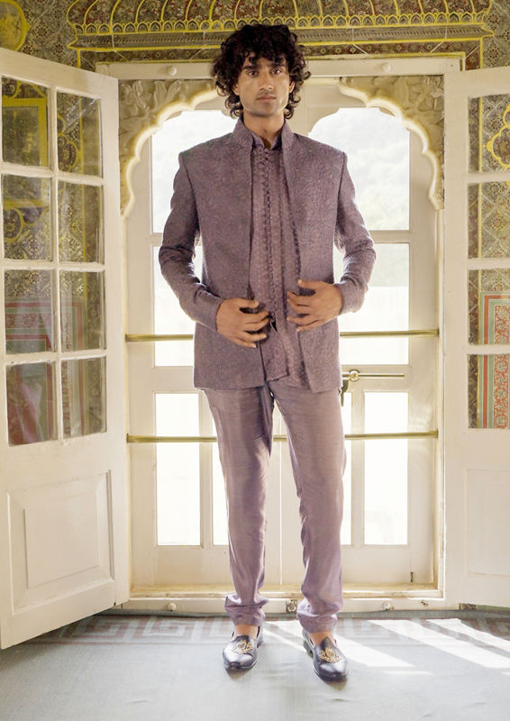 Twamev Men Dewberry Purple Jaal Embroidered Indo Western Set with Potli Trim Buttons
