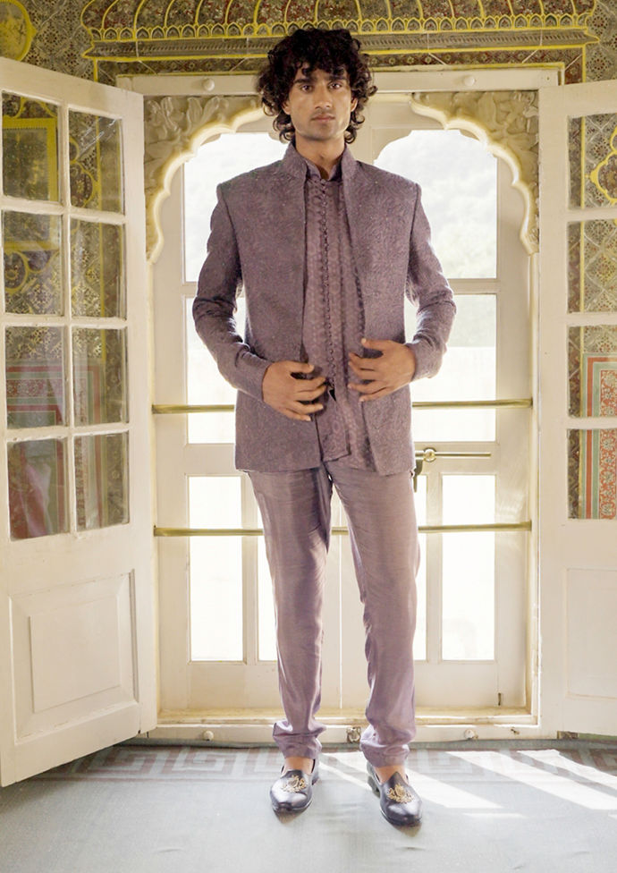 Twamev Men Dewberry Purple Jaal Embroidered Indo Western Set with Potli Trim Buttons