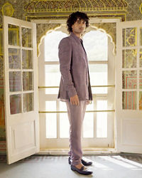 Twamev Men Dewberry Purple Jaal Embroidered Indo Western Set with Potli Trim Buttons