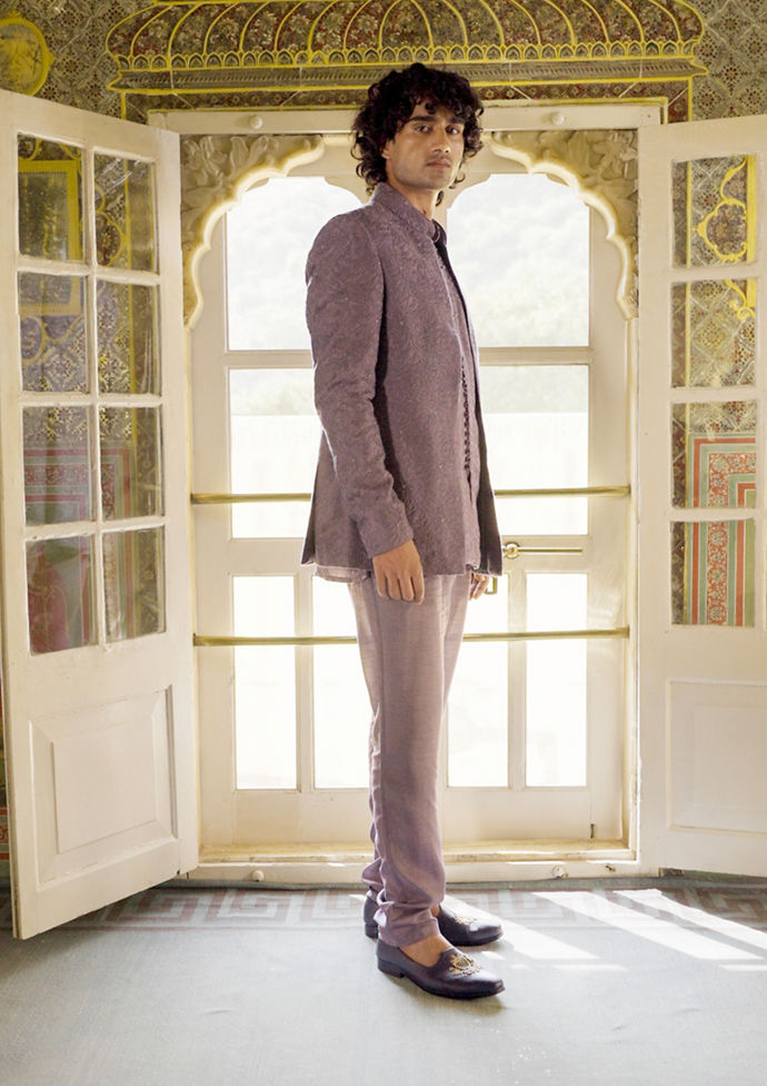 Twamev Men Dewberry Purple Jaal Embroidered Indo Western Set with Potli Trim Buttons