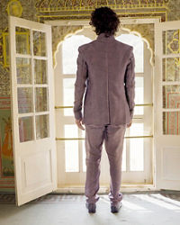 Twamev Men Dewberry Purple Jaal Embroidered Indo Western Set with Potli Trim Buttons