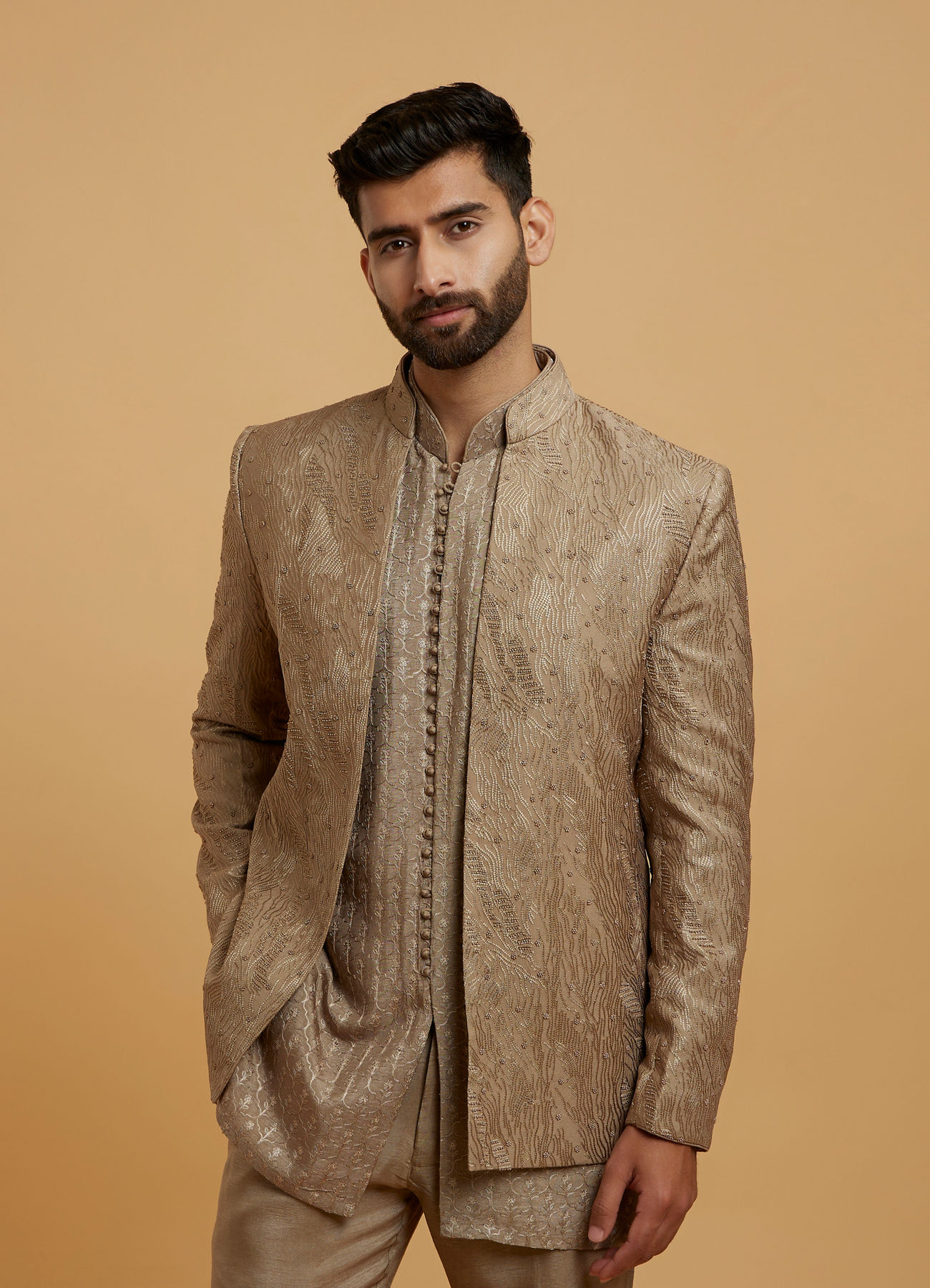 Twamev Men Elegant Brown Silk Ensemble Indo Western