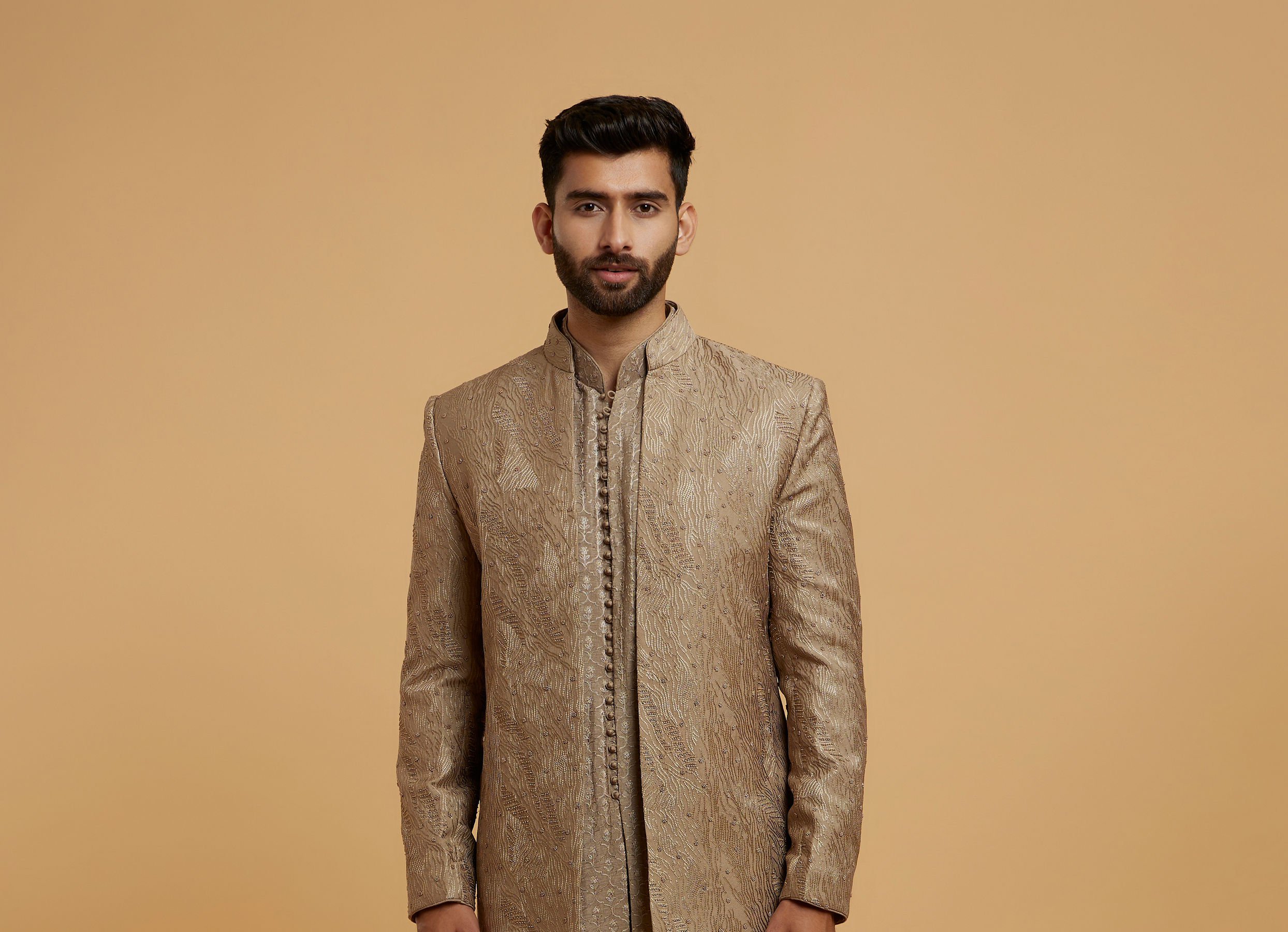 Twamev Men Elegant Brown Silk Ensemble Indo Western