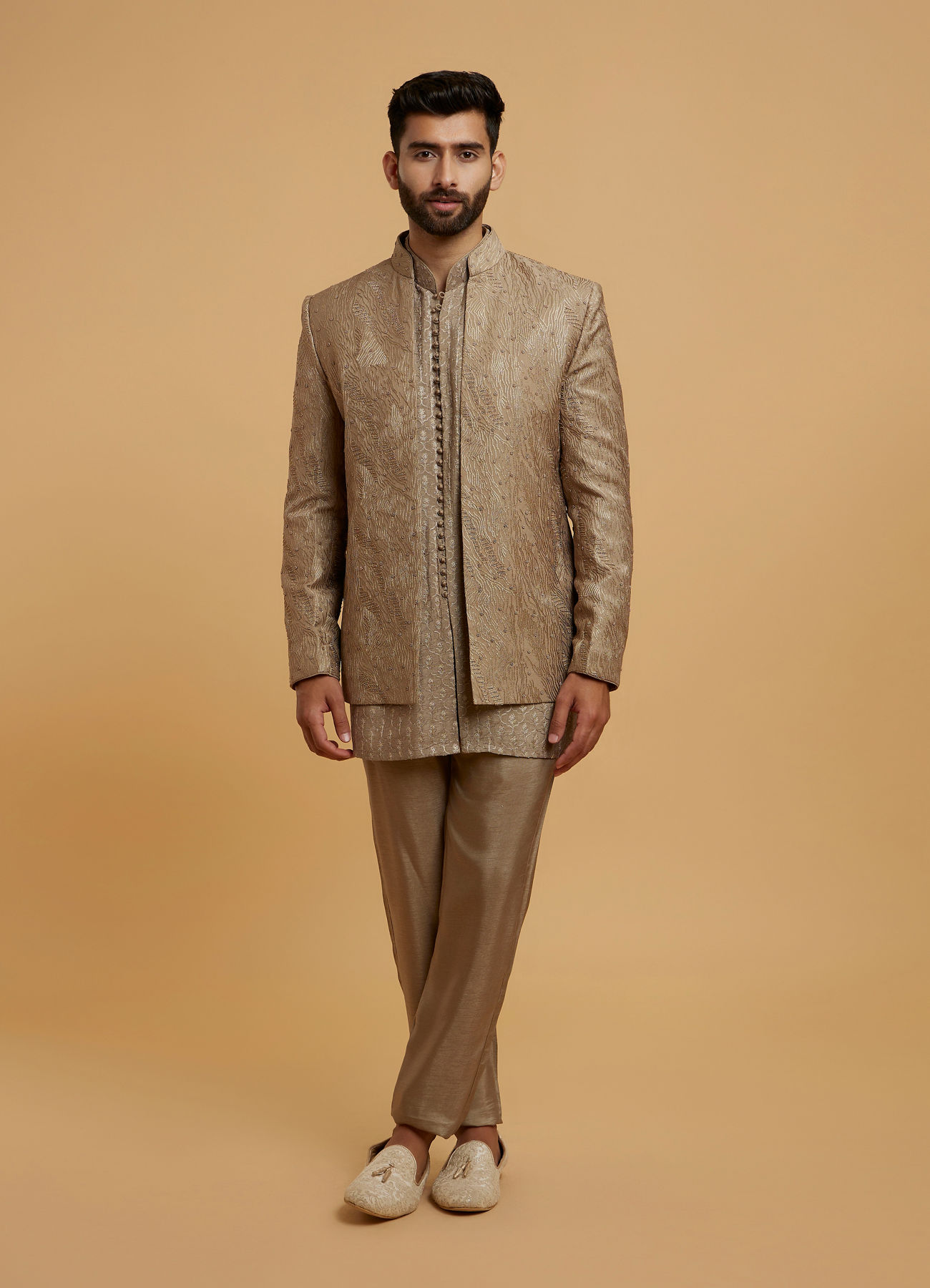 Twamev Men Elegant Brown Silk Ensemble Indo Western