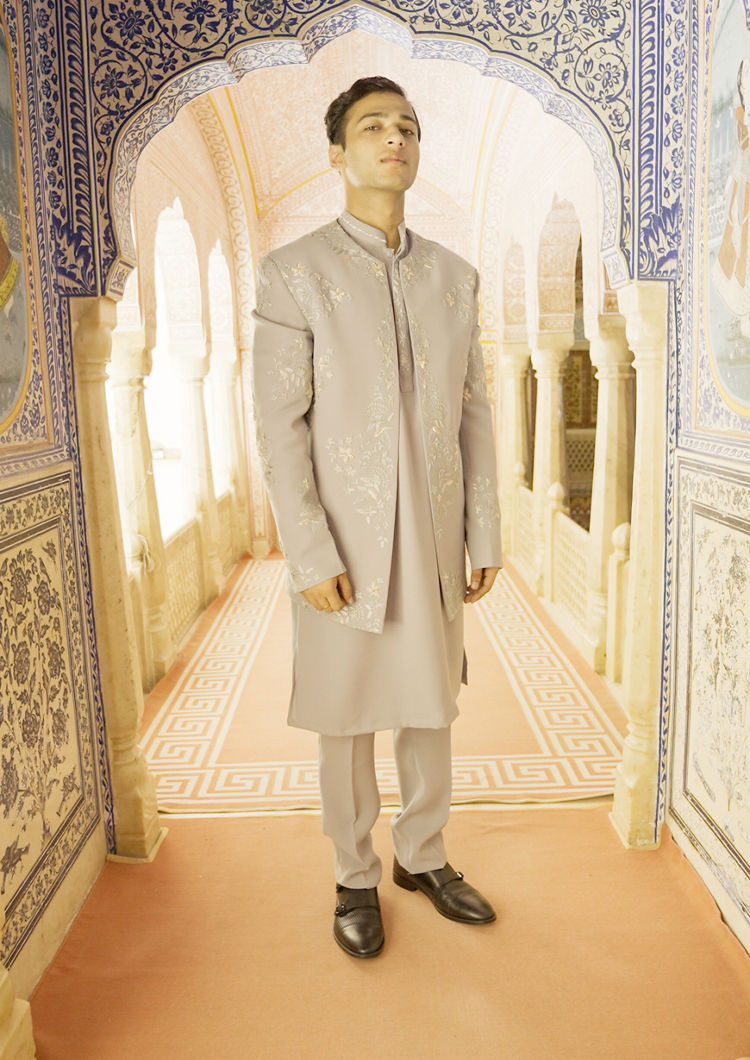 Twamev Men Grey Blended Rayon Indo Western Set